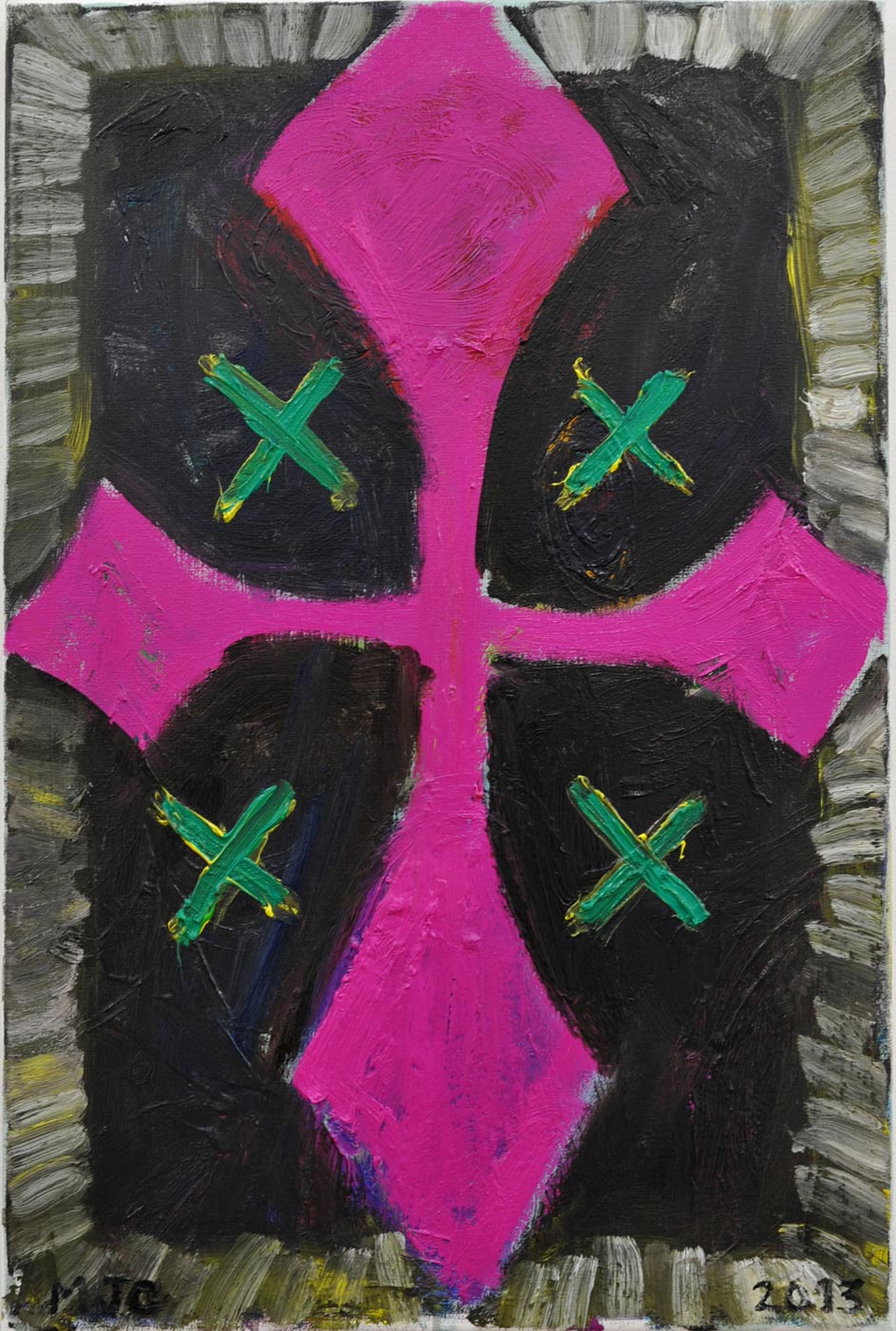Manuel  Ocampo - Pink Cross with 4 Green X's, 2013